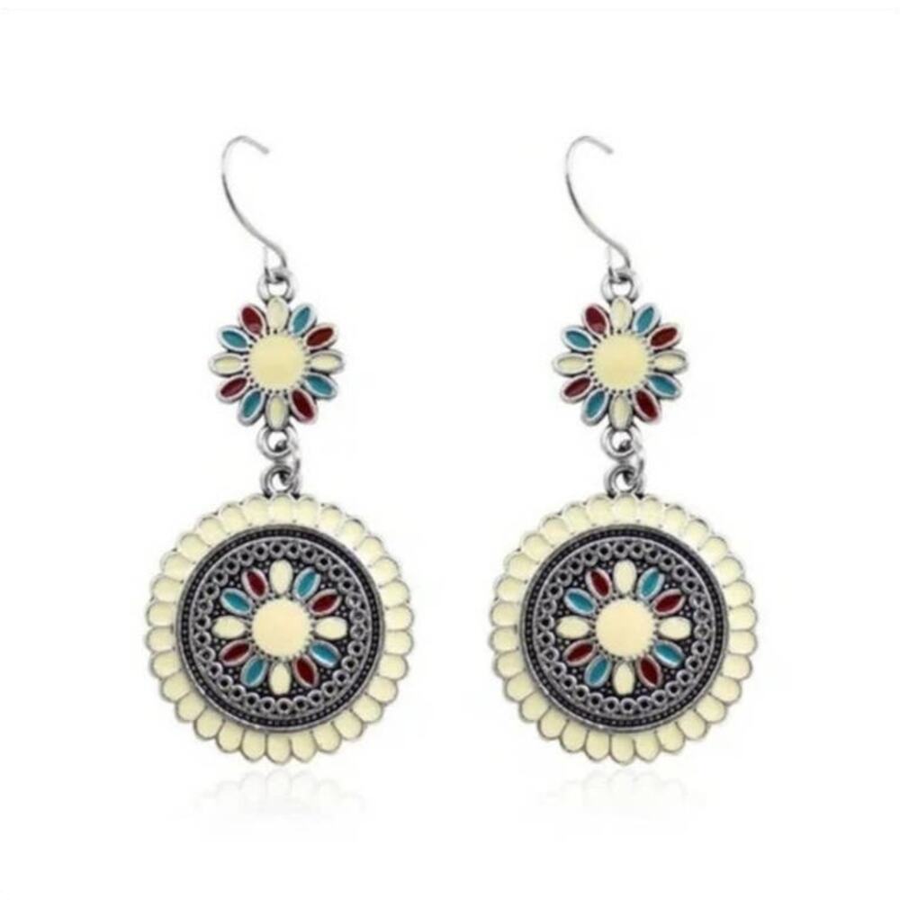 Flower sun medallion enamel accent statement earrings cream and blue